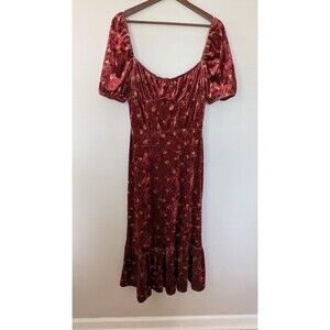 Lait Collection Velvet Midi Dress Brielle Burgundy Floral Milkmaid Tiered NWT